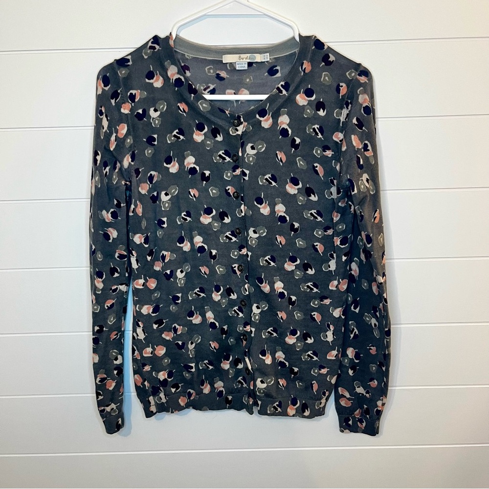 Boden Gray Pink Abstract Cardigan Multicolor Floral Design 100 % Wool Size 6